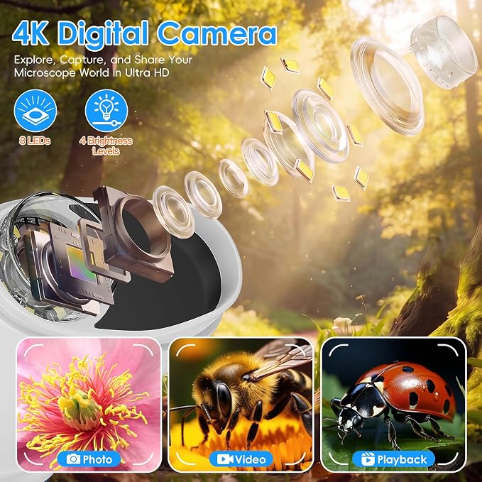 4K 1000X Handheld Digital Microscope for Kids with 2.0" IPS Screen(White) - Image 3