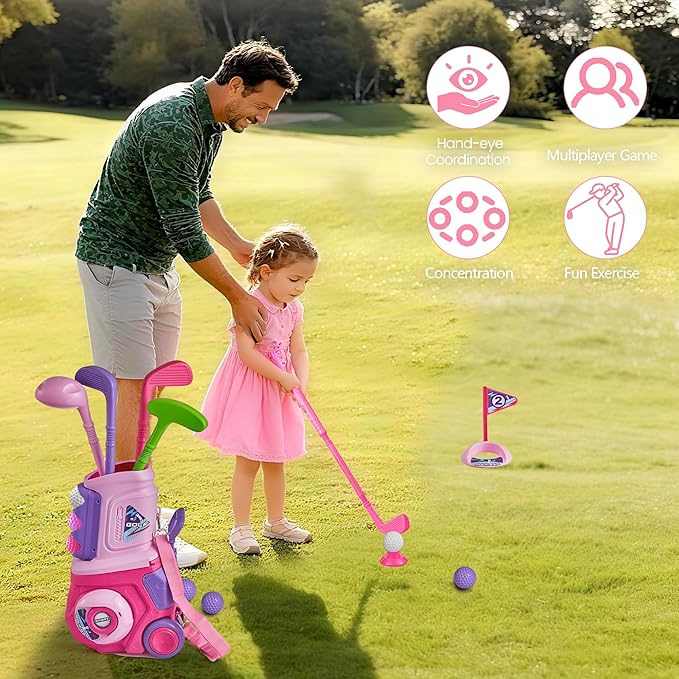 PJG Toddler Golf Set, Plastic Kids Golf Clubs 3-5 with 4 Golf Clubs and 10 Balls, Indoor and Outdoor Golf Toys with Cart for Toddlers Boys and Girls Aged 1 2 3 4 5 Years Old Birthday (Pink)