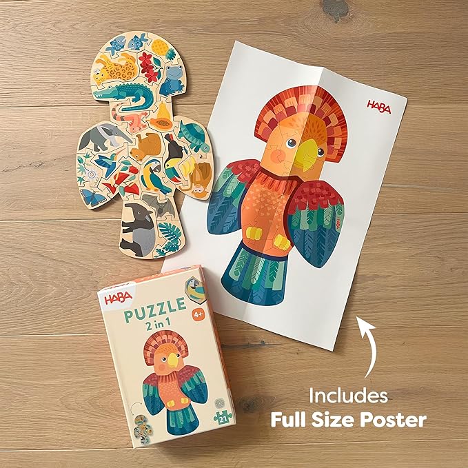 HABA Wooden Puzzle Parrot - 2 in 1 Reversible Puzzles for Kids Ages 4-6, Durable Educational Toys and Wooden Montessori Toys
