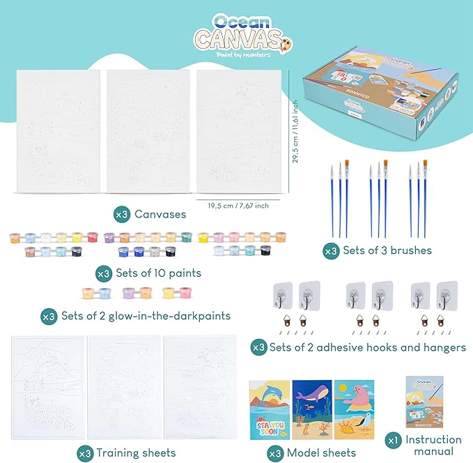BONNYCO Paint by Numbers Kit for Kids Sea Animals Pack 3 Canvas. Paint by Number Canvas Framed, Ocean Gifts for Kids. Arts and Crafts 4-6 8-12, Pintar por Numeros. Pre Drawn Painting Under Sea Crafts