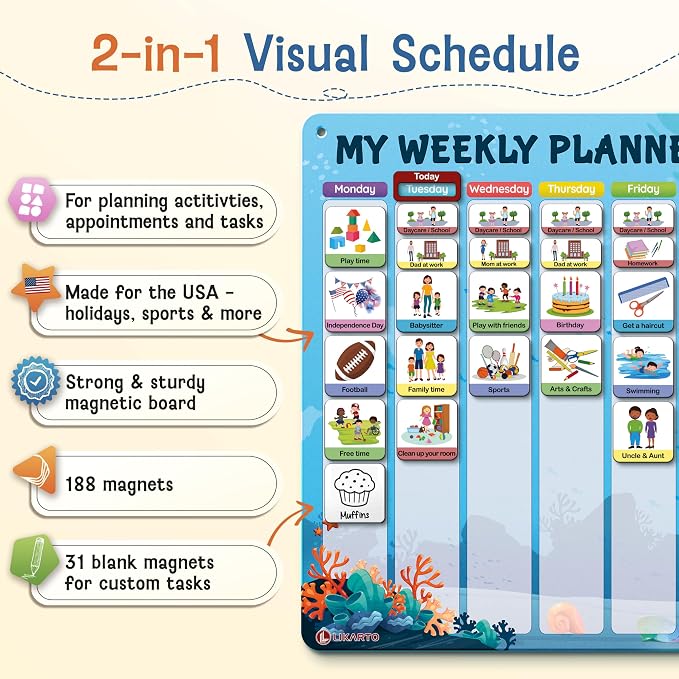 LIKARTO Visual Schedule for Kids - 2-in-1 Weekly + Daily Schedule - Magnetic Schedule with 188 Magnets and Magnetic Backing - Chore Chart Kids - Routine Chart for Toddlers, Autism, ADHD - Blue - Image 2