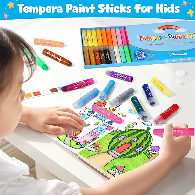 Stocking Stuffers for Kids, Tempera Paint Sticks with 24 Assorted Colors, Washable Paint Set for Toddler 1-3 2-4, Quick Drying and No Mess Paint for Arts and Crafts Supplies