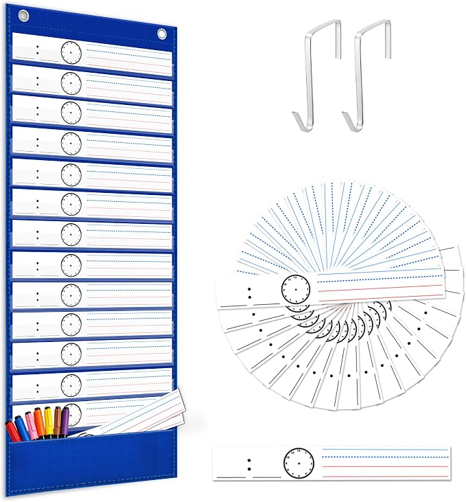 ZKOO Daily Schedule Pocket Chart, 13+1 Pocket with 18 Dry-Erase Cards Blue by ZKOO