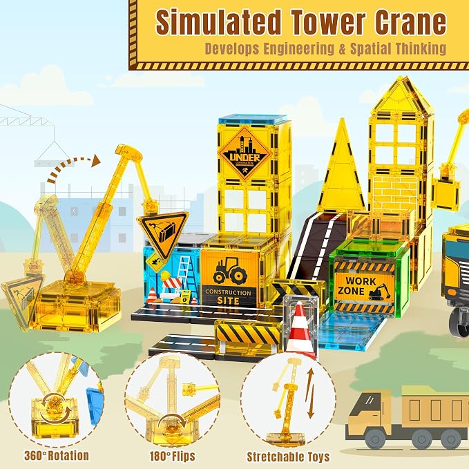 SKTMYY Magnetic Tiles for Kids, Construction Toys with Crane Road Truck - Image 2