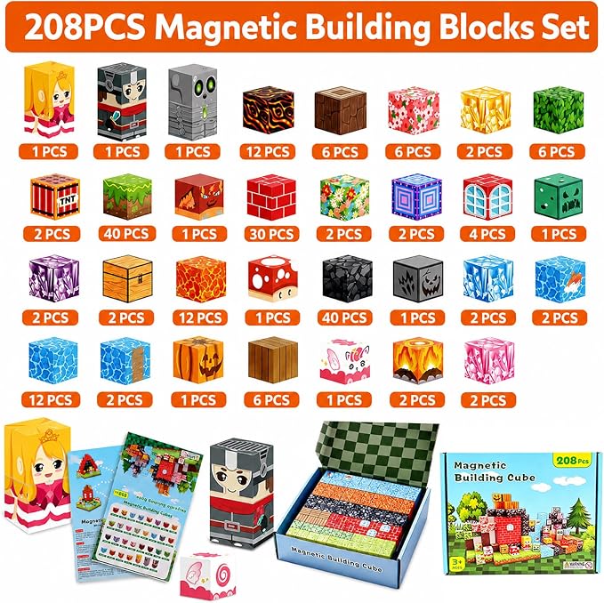 208PCS Magnetic Building Blocks Set for Kids Ages 3-8, 0.8in Magnetic Cubes STEM Construction Toy, 3D Magnet Building Blocks for Boys Girls, Birthday - Image 5