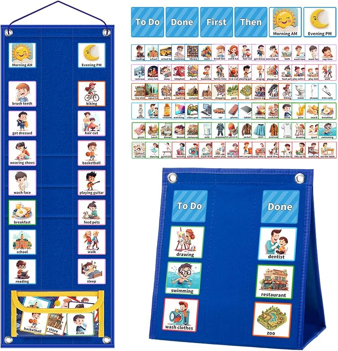 KIKIGOAL Kids Visual Schedule Calendar Chart, 2 in 1 Autism Daily Chore Routine Chart with 96 Cards Autism Learning Materials Bedtime Routine for Toddlers Home School by KIKIGOAL+FITNESS
