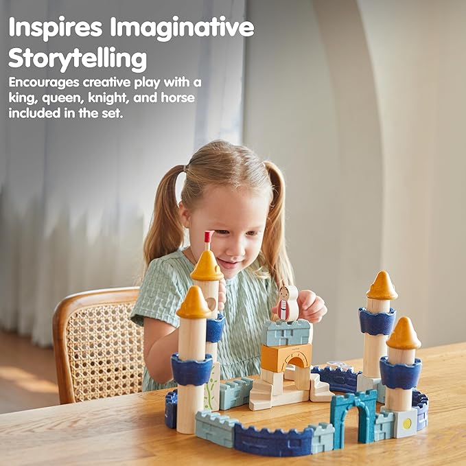 PlanToys® Castle Blocks Wooden Montessori Building and Imaginative Play Set | Creative Thinking, Fine Motor and Early STEM Learning Activity | Eco Friendly Open Ended Construction Toy