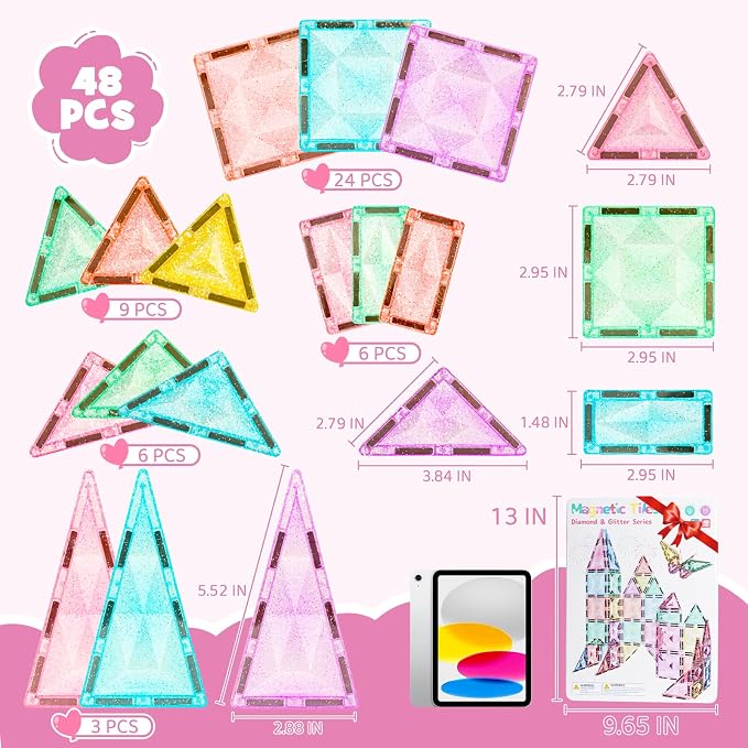 WMXDU Large Pastel Magnetic Tiles: Glitter Diamond Castle Building Set - Image 7