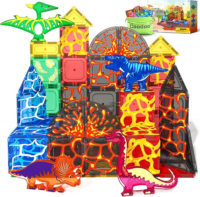 Magnetic Tiles Lava Dinosaur Toys Magnetic Blocks Building Set for Kids 3+ by Coodoo