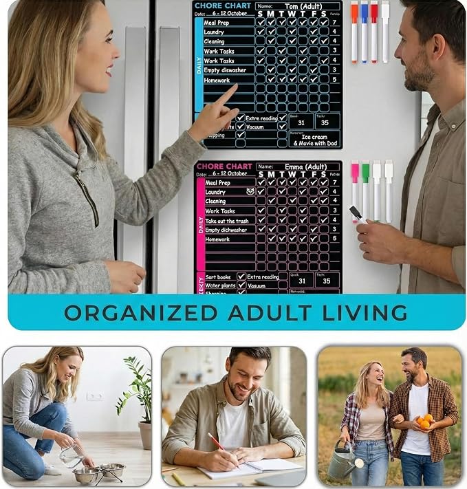 3 Pcs Blackboard Chore Chart Set - Pocket Charts Dry Erase Chore Chart for Multiple Users, Teens & Adults. Fridge Magnetic Blackboard Set, 3 Individual Charts (10"x10" Each) & 8 Fine Tip Markers - Image 5