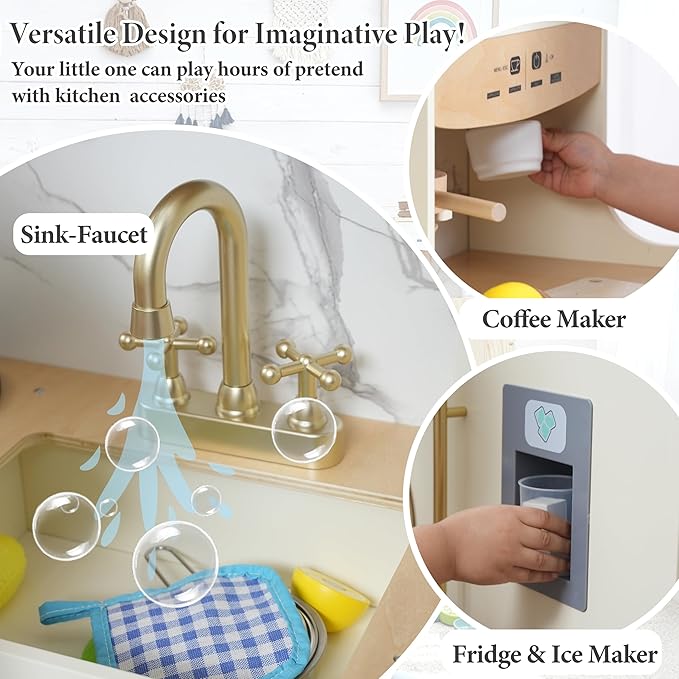 Play Kitchen set for kids and Toddlers with Realistic ICE Maker & Sounds,Wooden Toy Kitchen Set with 20 Accessories, Interactive Learning Toy for Pretend Play, Gift for Girls & Boys(Ages 3+)