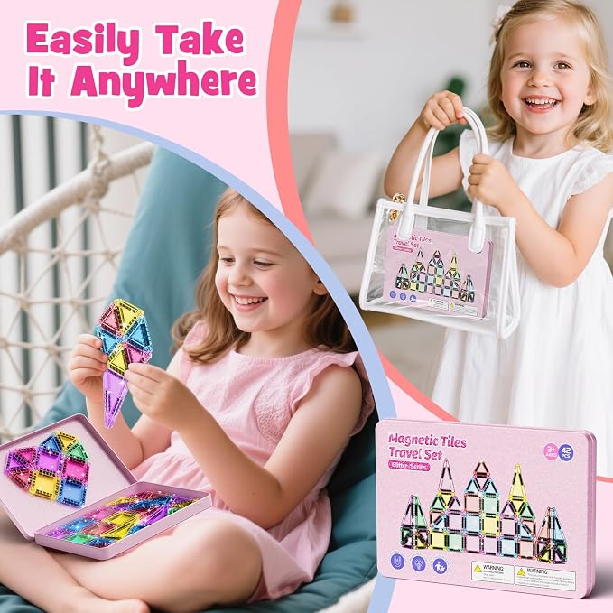 WMXDU 42-Piece Glitter Magnetic Tiles Travel Set with Pink Metal Box - Portable STEM Building Blocks for Kids Ages 3-8 Boys & Girls STEM Montessori Educational Toys for Airplane Car Rides - Image 2