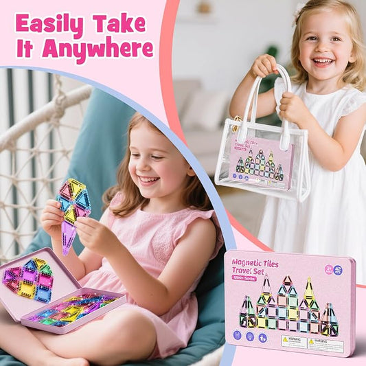 WMXDU 42-Piece Glitter Magnetic Tiles Travel Set with Pink Metal Box - Portable STEM Building Blocks for Kids Ages 3-8 Boys & Girls STEM Montessori Educational Toys for Airplane Car Rides - Image 2