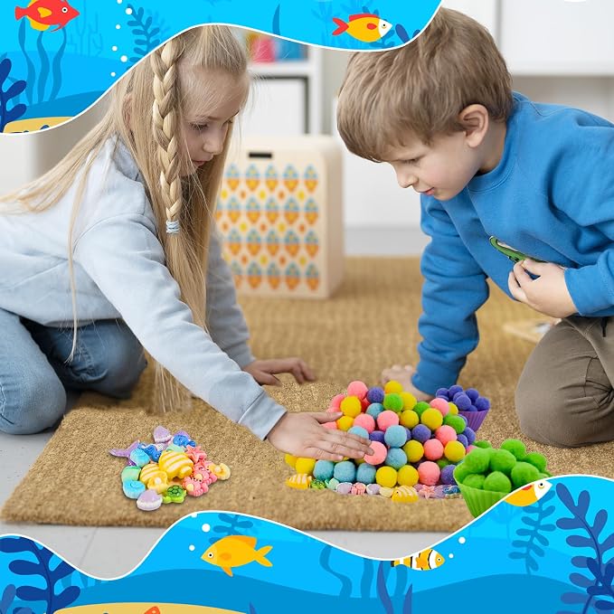 185pcs Summer Ocean Animal Sensory Bin Filler Fine Motor Toys Ocean Animals Sensory Bin Items Resin Crab, Starfish, Sea Snail, Pearl Shell Pom Poms for Preschool Education Counting Sorting - Image 5