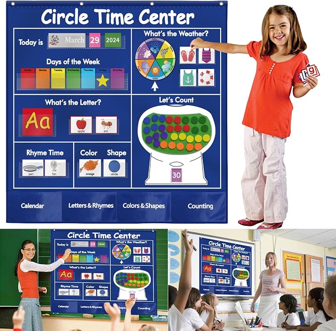 KIKIGOAL Circle Time Center Classroom Pocket Chart Educational Pocket Chart Teaching Materials Learning Calendar Weather Counting Letter Color Shape etc by KIKIGOAL+FITNESS