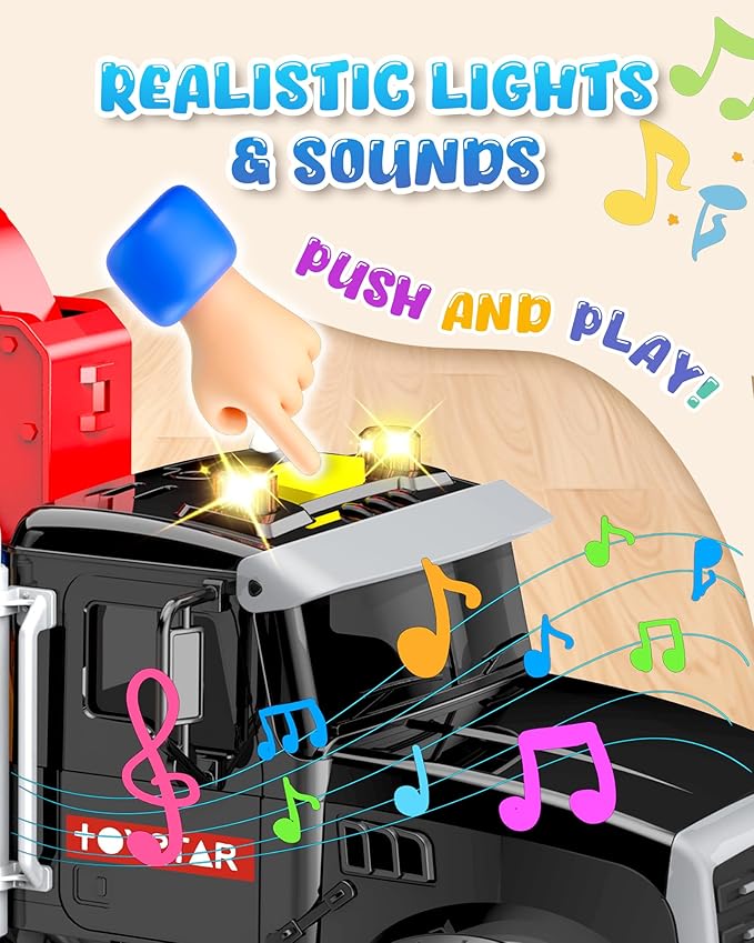 Kids Toys for 3 4 5 6 7 Years Old Boys, 15" Large Tow Truck Toy, Friction Powered Transport Toy Trucks with Lights and Sounds, Birthday Gifts for Boys & Girls with Racing Car