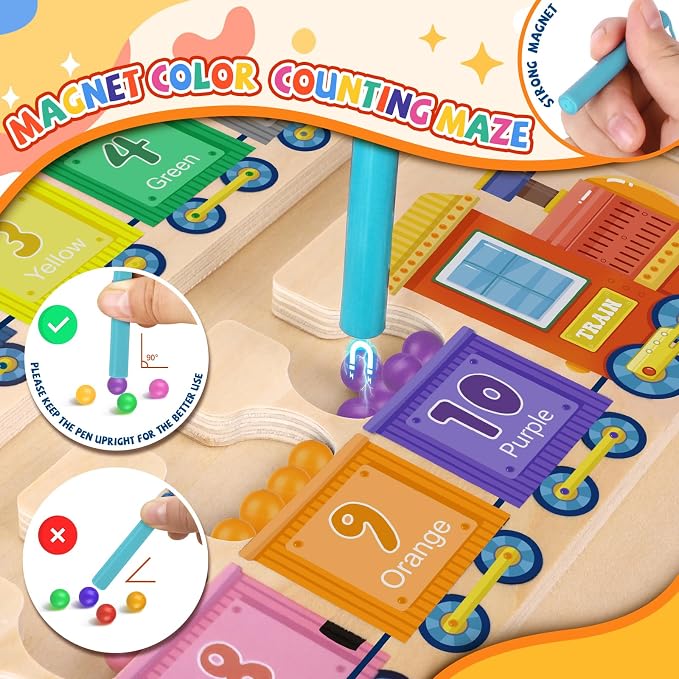 wakeInsa Magnetic Color and Number Maze,Montessori Toys for 2-5 Years Old Boys,Wooden Magnet Balls Puzzles,Toddler Busy Board,Preschool Learning Activities,Christmas & Birthday Gift for Kids - Image 2