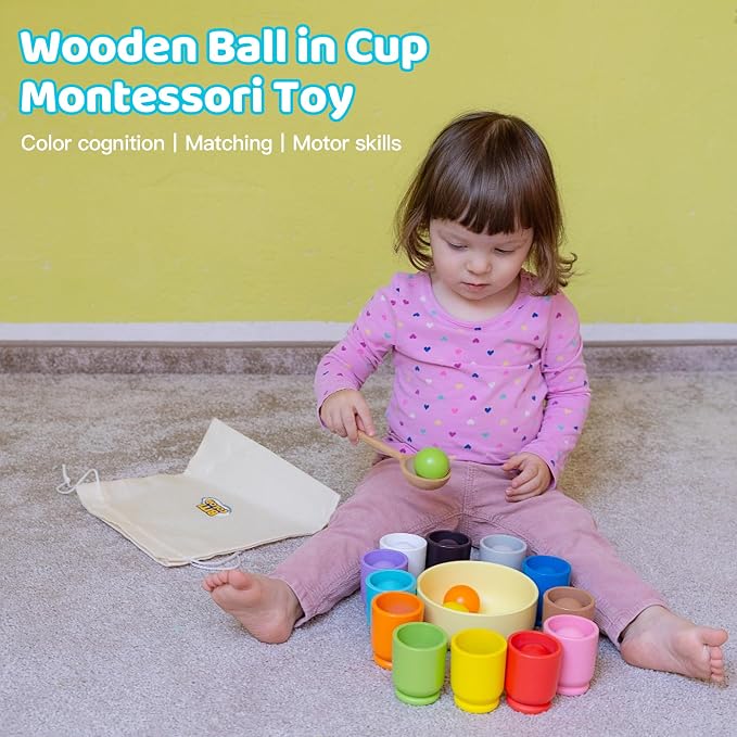Ball in Cup Montessori Wooden Rainbow Color Sorting Toy for Toddlers - Preschool Color Matching - 12 Balls 40mm - Image 5