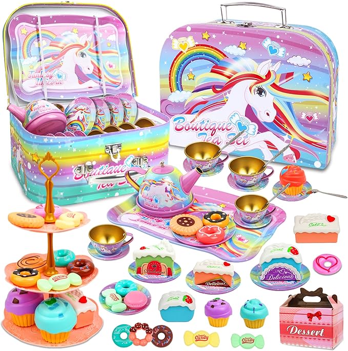 SMILESSKIDDO 46pcs Princess Tea Party Set for Little Girls - Kids Kitchen Pretend Play Toys - Toddler Tea Party Sets for Girls 3-5, Gift for 3 4 5 6 Girl(Unicron)
