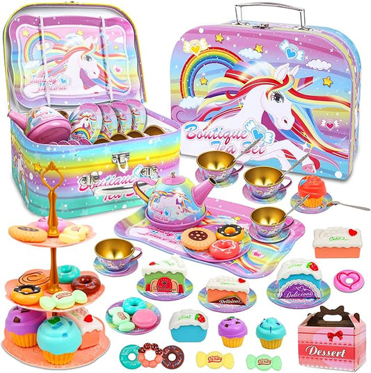 SMILESSKIDDO 46pcs Princess Tea Party Set for Little Girls - Kids Kitchen Pretend Play Toys - Toddler Tea Party Sets for Girls 3-5, Gift for 3 4 5 6 Girl(Unicron)