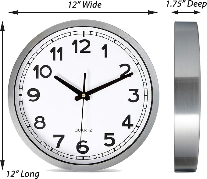Bernhard Products Wall Clock Silent Non-Ticking Large 12" Silver Metal Frame Quartz Battery Operated Easy to Read Office Classroom Kitchen Living Room Bathroom Sweeping Clocks, Black Modern Numbers - Image 5