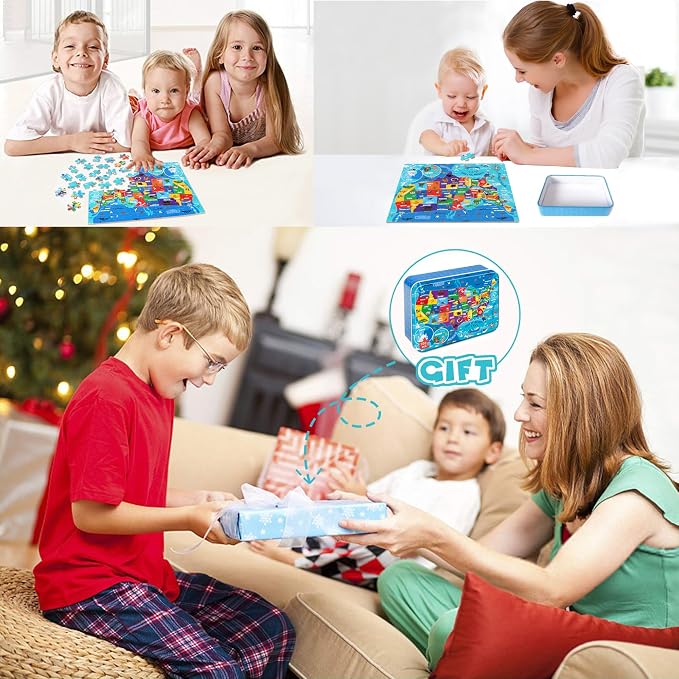LELEMON United States Puzzles for Kids Ages 4-8,100 Pieces USA Sea Map Jigsaw Puzzles in a Metal Box,Fun America Map Learning Educational Toys for Boys Girls - Image 7