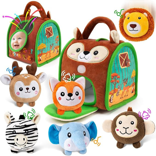 Montessori Sensory Toys for Babies 6-12 Months & Toddlers 1-3 Year Old - Educational Stuffed Animal Set with Rattle, Crinkle & Safe Mirror for Baby Kids & Boy Girl