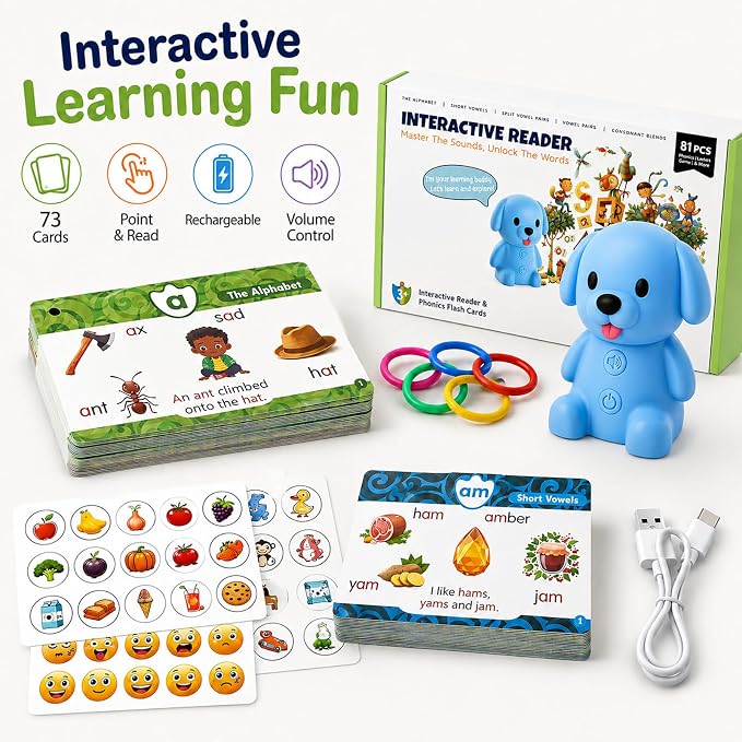 Dinosaur Interactive Reading Pen, Talking Flash Cards Learning Phonics with 73 Cards, Rechargeable, Volume Adjustable (Dog) - Image 2
