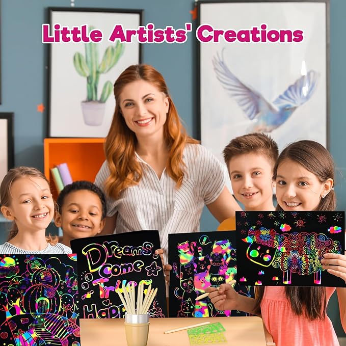 ZMLM Scratch Art Crafts Girls Gifts, 100pcs Rainbow Scratch Paper Art for 3 4 5 6 7 8 9 Years Old Girls and Boys Kids, Arts and Crafts for Kids 4-6 Toys and Party Favors (Pink)