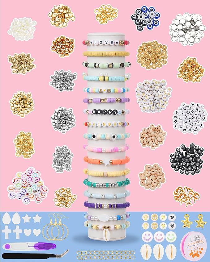Clay Beads 2 Boxes 24 Colors Bracelet Making Kit, Round Letter Beads with Charm and Elastic Strings, Friendship Bracelets Holiday Gifts for Girls Adults