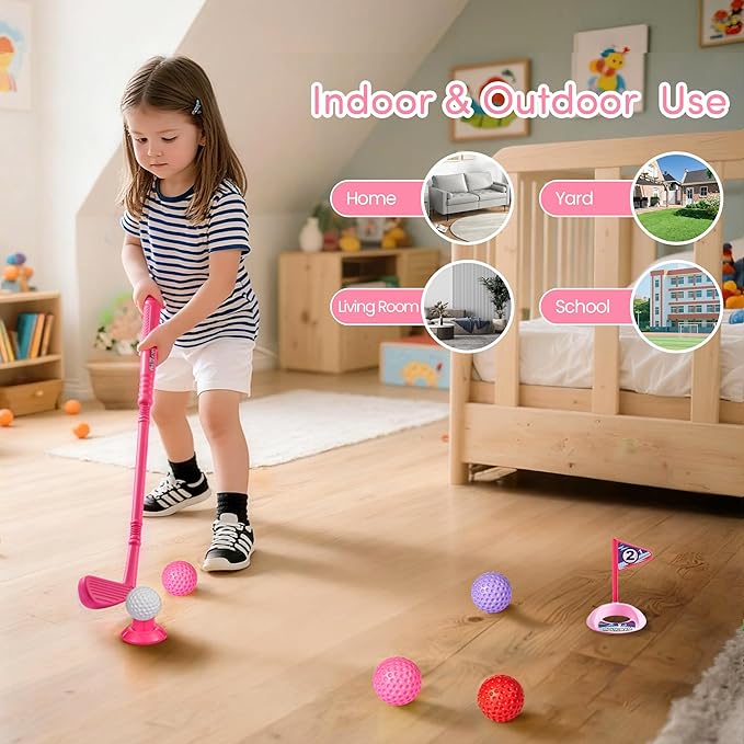 PJG Toddler Golf Set, Plastic Kids Golf Clubs 3-5 with 4 Golf Clubs and 10 Balls, Indoor and Outdoor Golf Toys with Cart for Toddlers Boys and Girls Aged 1 2 3 4 5 Years Old Birthday (Pink)