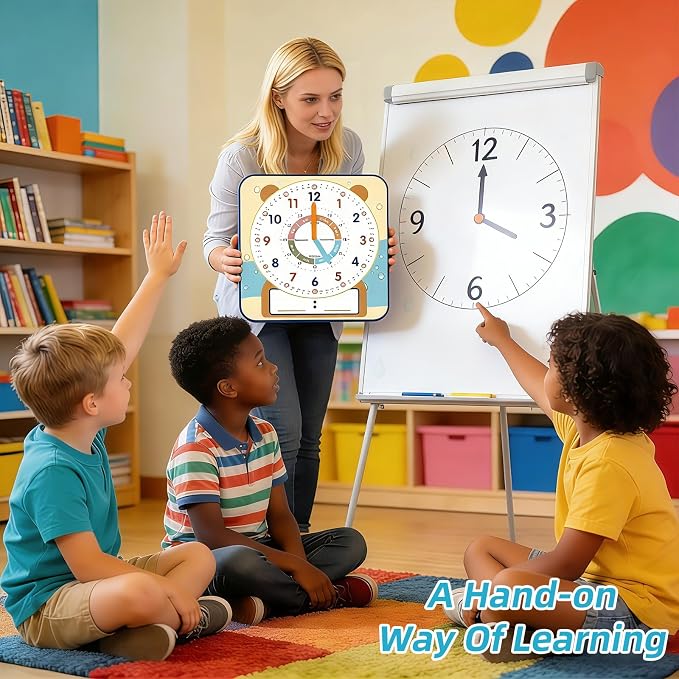 ANCOMEDO Large 12" Magnetic Writable Dry Erase Teaching Clock with Cute Style, Teaching Demonstration Clock for Kids Learning Practice Time for Home School Classroom Supplies (12" x11"-Beige) - Image 4