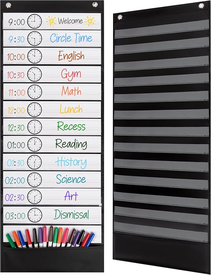 Essex Wares - Daily Schedule Pocket Chart, Black, 13 Pockets by EssexWares