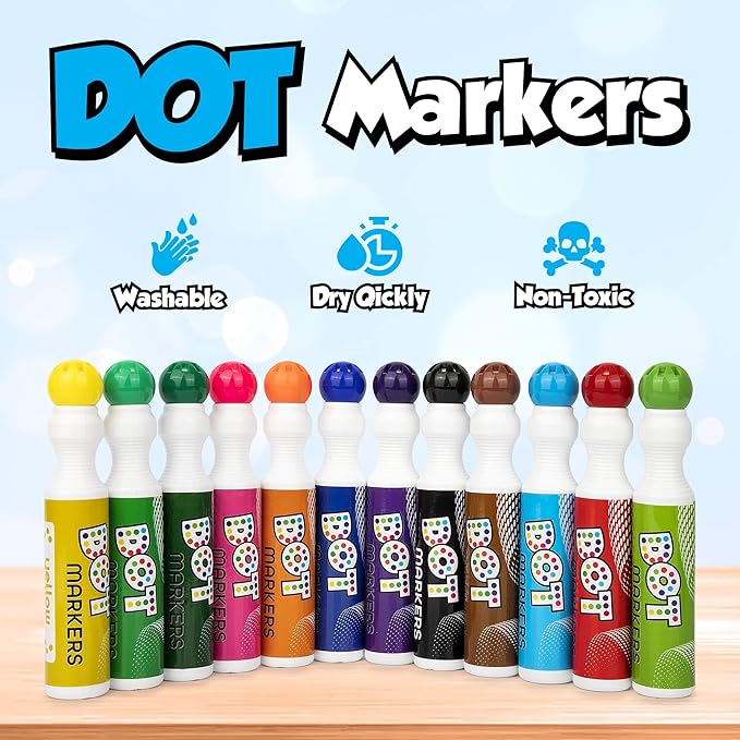 Darice Washable Dot Markers for Toddlers, 12 Colors (40ml 1.35oz) Paint Marker Dot Art Set, Water Based Non-Toxic Bingo Daubers for Kids
