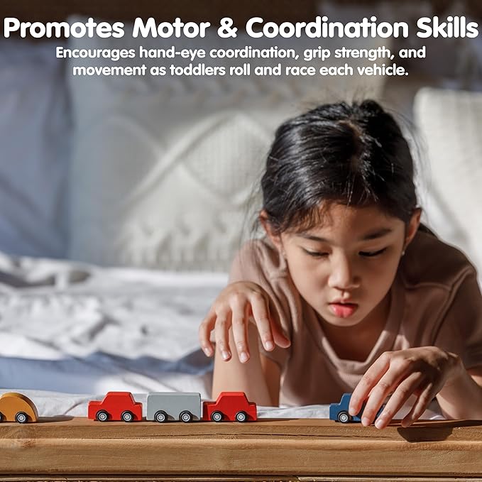 PlanToys® Mini Car Set Wooden Montessori Vehicle Set | Early Movement, Imagination and Practical Life Exploration | Eco Friendly Mini Car Set for Indoor and Outdoor Play