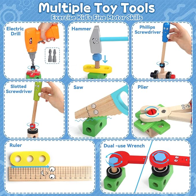 TONZE Wooden Kids Tool Set with Drill, Montessori Toys for 3 Year Old Boys - Image 3