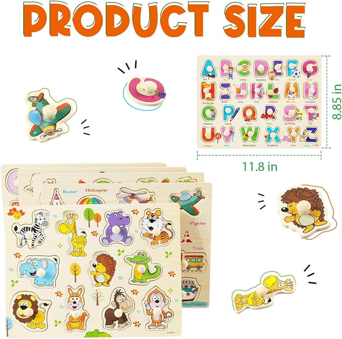 Wooden Peg Puzzles for Toddlers, 6 Pack Toddler Puzzles Set for 3 4 5 Years Old, Preschool Education Learning Puzzle Toys for Girls and Boys (Alphabet Number Animal Vehicle Fruit Occupation) - Image 4