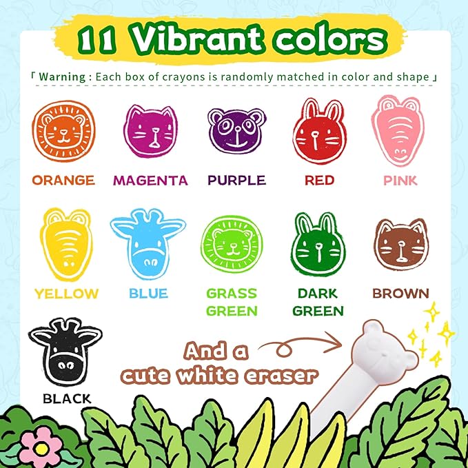 R&DLanci Animal Crayons for Toddlers, 11-colors Washable Crayon Set with Eraser & Drawing Paper, Non-Toxic Crayon, Easy to Hold, Mess-Free Crayons for kids, Art Supplies for Toddlers and Kids Ages 3+