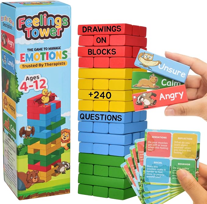 Feelings Tower Therapy Games for Kids & Teens - Social Emotional Learning Toy, 48 Emotion Cards & Animal Stacking Blocks - Play Therapy Toys, SEL & Social Skills Games for Kids, Counseling by Unknown