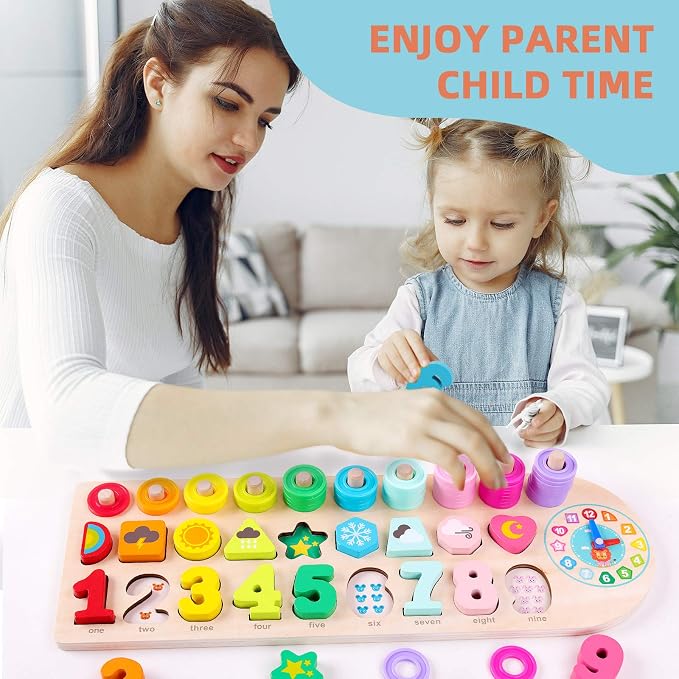 QZMTOY Preschool Educational Learning Montessori Toys for Kids, Toddler Puzzles Number Shape Sorter Counting Stacker with Clock Weather, Boys Girls Activities Math Game Gift for Age 3 4 5 Years - Image 7