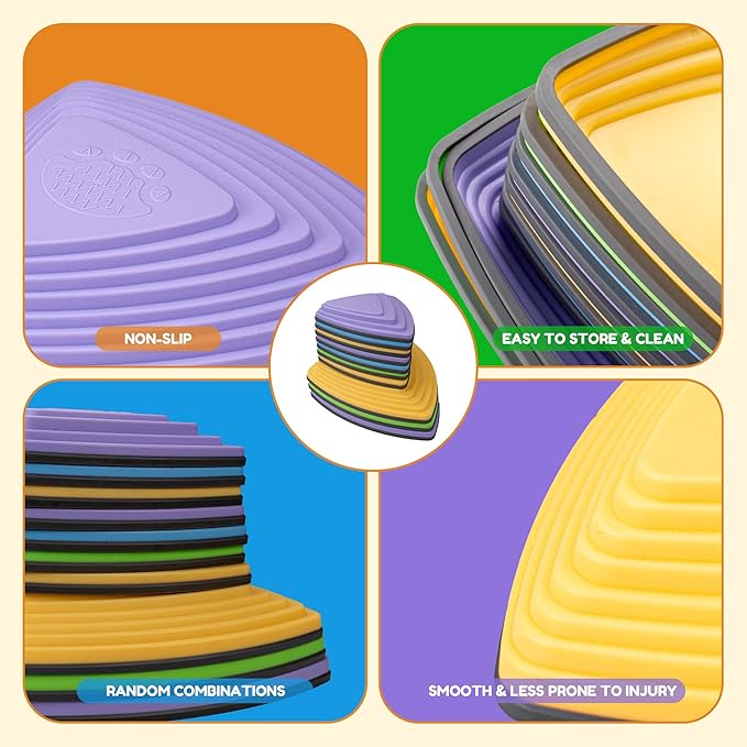Kids Balance Stepping Stones Multicolor Triangular 10PCS Non-Slip Toddler Stepping Stones for Balance Coordination Ages 3-8 Years