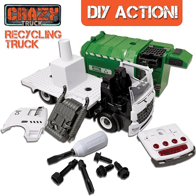 Crazy Truck 1:16 Scale Recycling Garbage Truck Toy with Lights & Sounds, 4 Recycle Cans, 40 Flash Cards, Tools – DIY Take-Apart for Kids – Realistic Mechanical Arm for Lift & Dump Trash Play