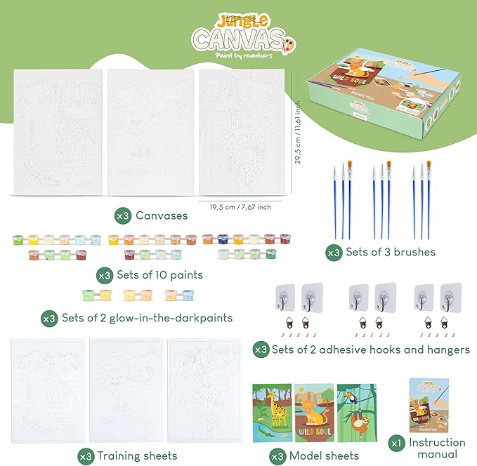 BONNYCO Paint by Numbers Kit for Kids Animals Pack 3 Canvas. Paint by Number, Canvas Framed Pre Drawn. Jungle Gifts for Boys, Arts and Kids Crafts 4-6 8-12. Pintar por Numeros Niños, Animal Crafts