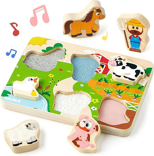 lalalark Tactile & Sound Wooden Chunky Puzzles for Baby 2-4, Musical Farm Animal Toys, Educational Wooden Block Puzzles, Kids Christmas Birthday Gifts, Toddler Learning Toys for 2 Years Old Boys Girls