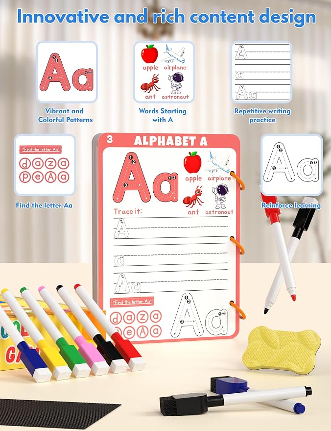 Preschool Learning Activities Educational Workbook, 62 Reusable Pages Pre Kindergarten Workbooks, Number Letter Tracing Books for Kids, Autism Learning Materials, ABC Busy Book for Kids Ages 3-7 - Image 5