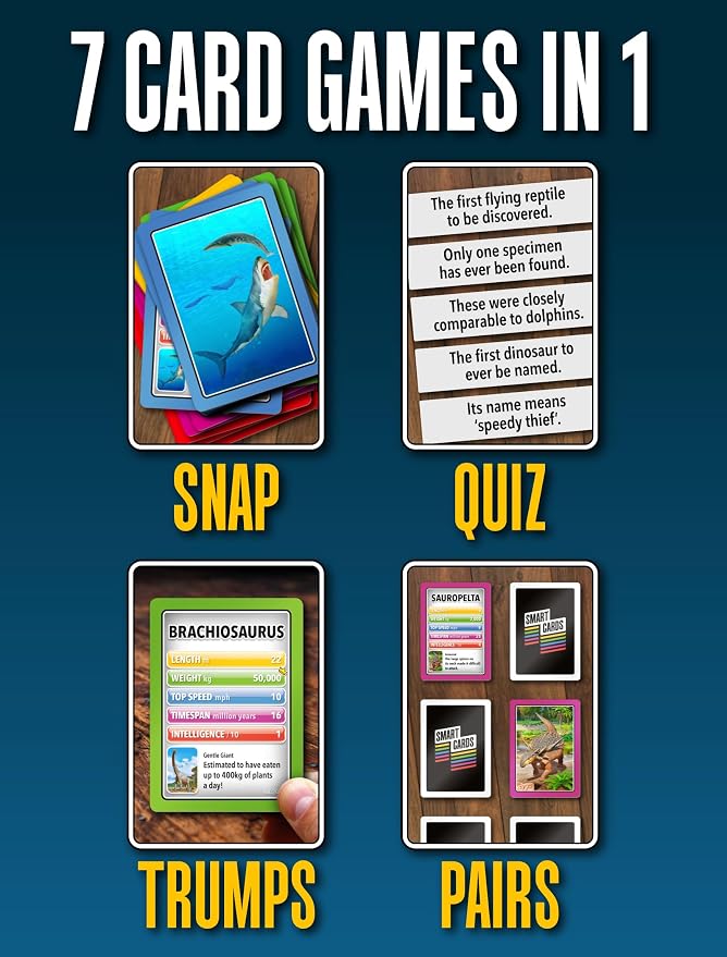 SMART CARDS DINOSAURS Card Game - Matching Pairs, Snap, Trumps, Rummy, Happy Families (7 Games To Play) | Travel Game, Gift, Stocking Stuffer | for Adults, Kids, Boys, Girls | Age 5+, 1-8 Players - Image 4
