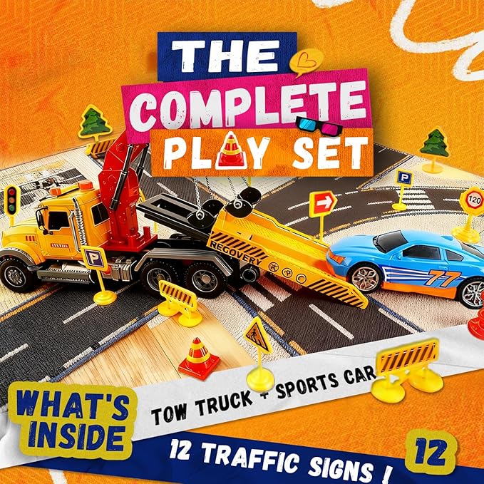SMILESSKIDDO Toddler Boy Toys for 3 4 5 6 Year Old - 1:12 Large Friction Powered Tow Truck with Light & Sound, Sports Car & Road Signs, Birthday Gifts for Kids, Toddlers Gifts