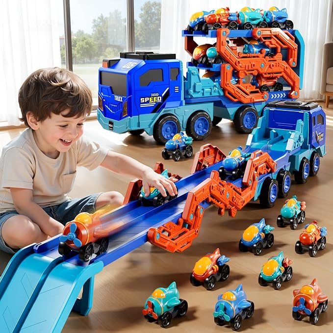 Toddler Car Truck Toys for Kids Boys Ages 3-5, 10-in-1 Foldable Carrier Space Truck Toys with Lights & Sounds and 9 Race Cars, Birthday Gift for 3 4 5 6 7 8 Years Old Boys Girls