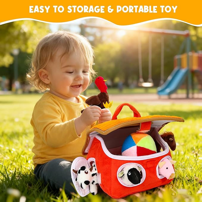 Baby Toys 6-12 Months - Montessori Sensory Farm Set - Soft Stuffed Animals with Rattle Squeak Safe Mirror - On-The-Go Toddler 1-3 Year Old Boy Girl Birthday Gifts (Orange)