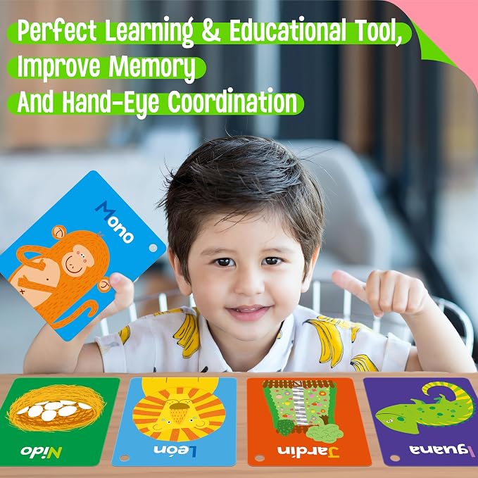 51 PCS Spanish Baby Cognitive Flashcards, Double Sided Printed 7 in 1 Colorful Cards Alphabet, Numbers, Foods, Animals, Shapes, Colors with 2 Reclosable Rings, Learning Tool for Toddlers - Image 6
